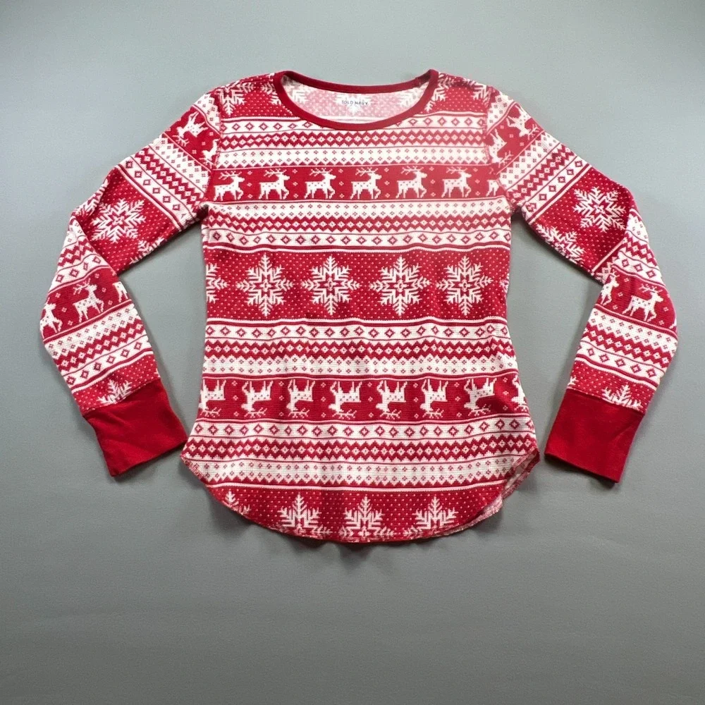 Old Navy Holiday Pajama Set Womens M Red White Reindeer Snowflake Cotton Stretch